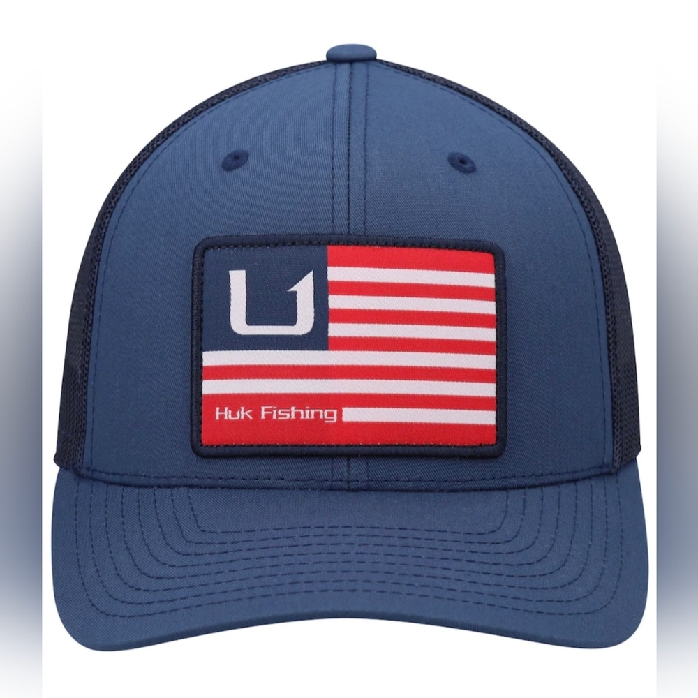 Huk Fishing Men's Blue & Red Huks And Bars American Trucker Snapback Hat NWOT